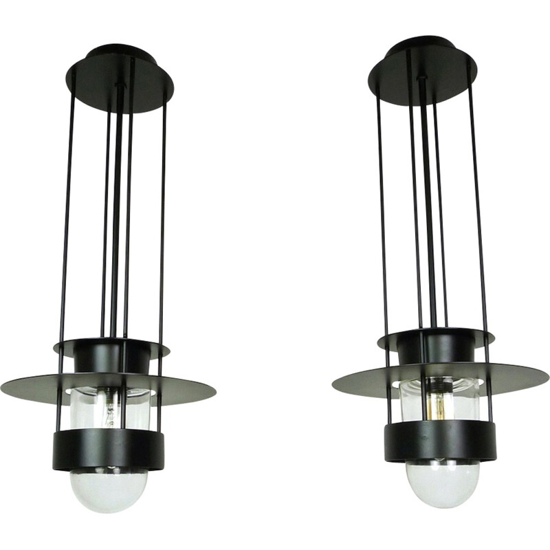Pair of black hanging lamps in metal and glass - 1970s