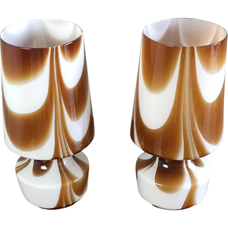 Pair of swirl stripe table lamps with brass base - 1960s