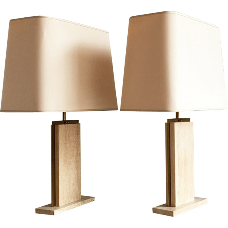 Pair of Belgian travertine and marble lamps by Camille Breesch with original shades - 1970s