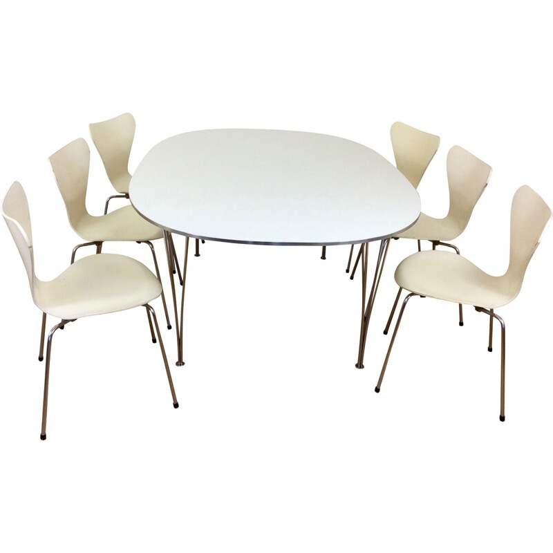 Set of dining table by Hein and Mathsson with six chairs by Arne Jacobsen for Fritz Hansen - 1970s