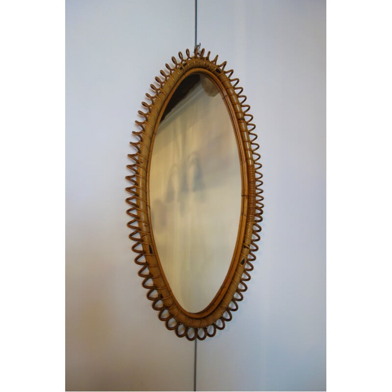 Mid-century oval mirror in rattan and bamboo - 1960s