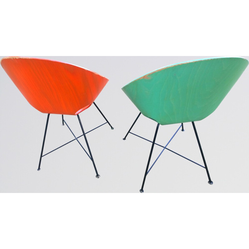 Pair of orange and green "S664" chairs, Eddie HARLIS - 1980s