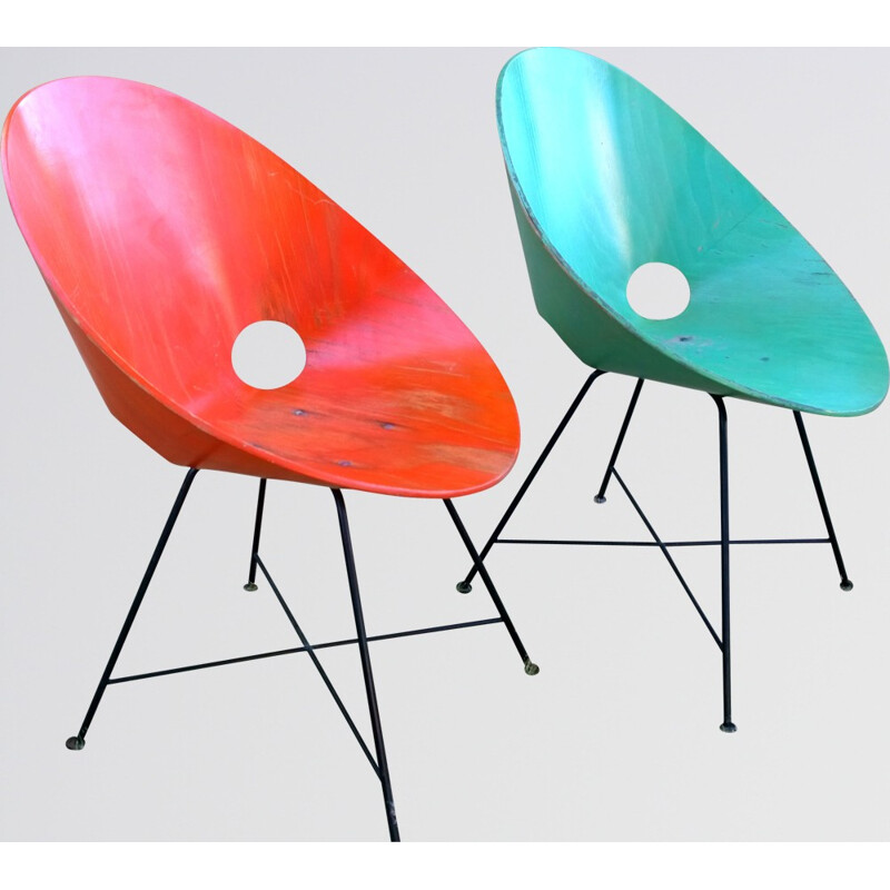 Pair of orange and green "S664" chairs, Eddie HARLIS - 1980s