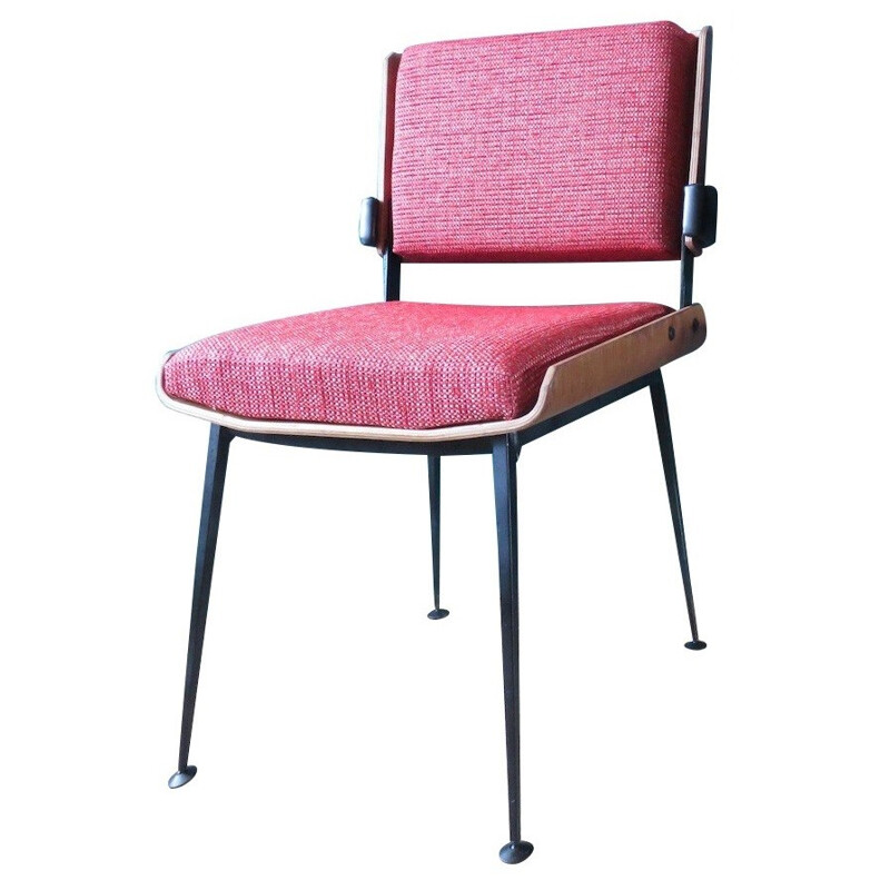 Paire de chaises en tissu chiné rouge, Alain RICHARD - années 60