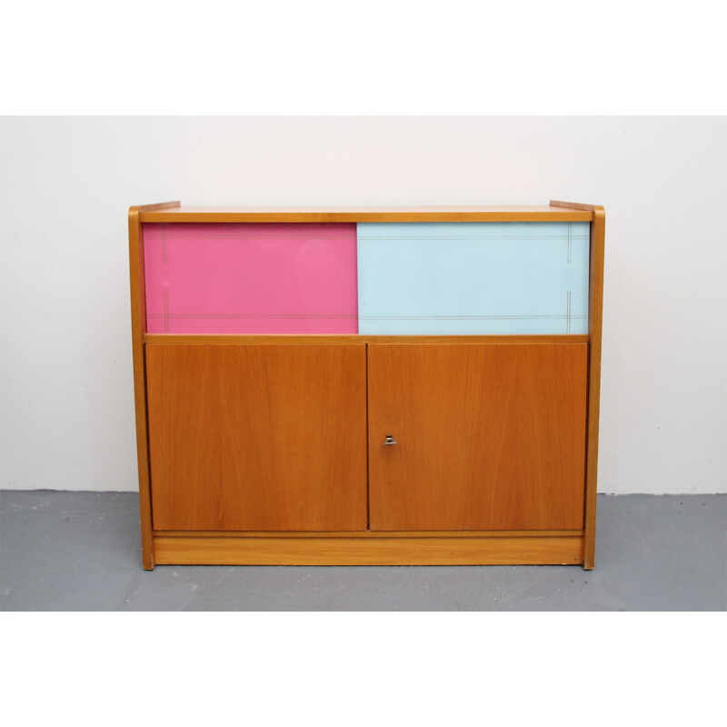 Commode vintage en frêne et verre coloré - 1950