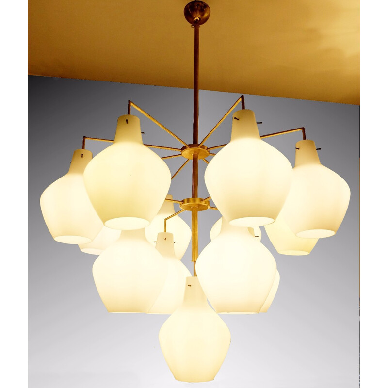 Pair of chandeliers in opaline and brass - 1960s