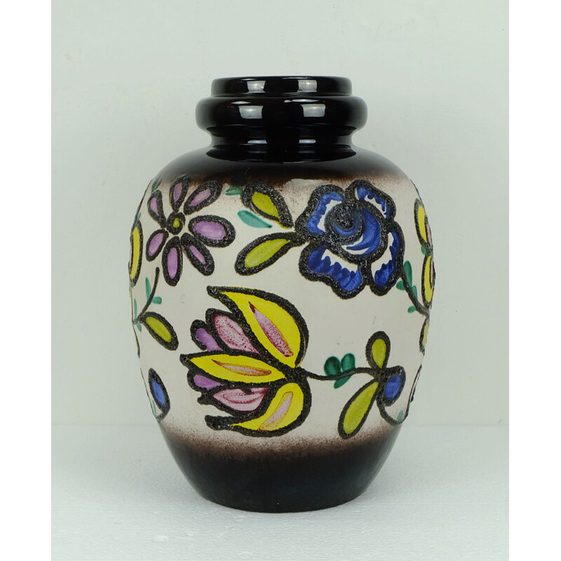 Flowered ceramic vase with flowers produced by Scheurich - 1960s 