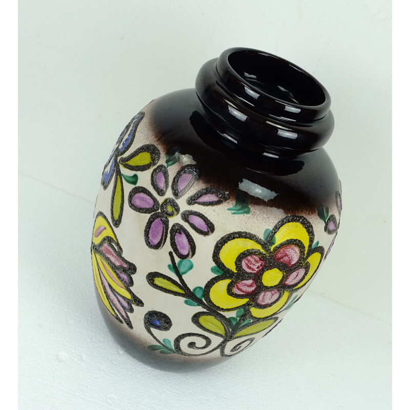 Vase en céramique avec motif fleural produite par Scheurich - 1960