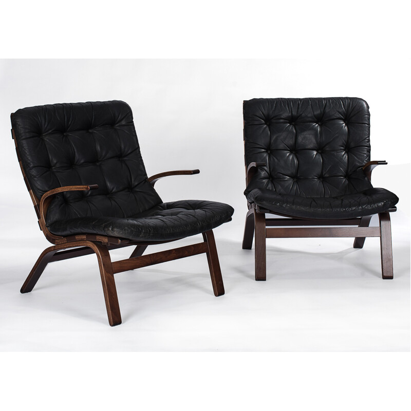 Pair of black leather armchairs by Ingmar Relling - 1970s