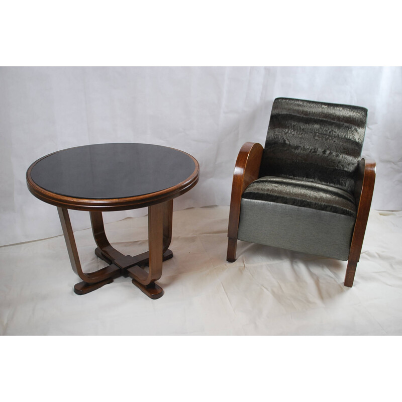 Fauteuil vinatge noir et sa table basse - 1950