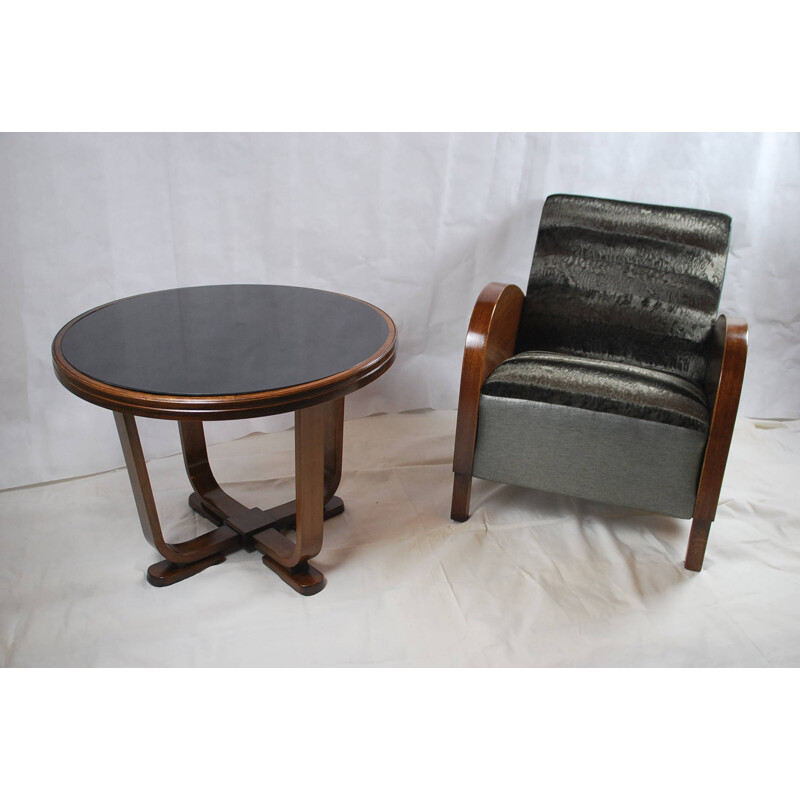 Mid century black armchair and its coffee table - 1950s