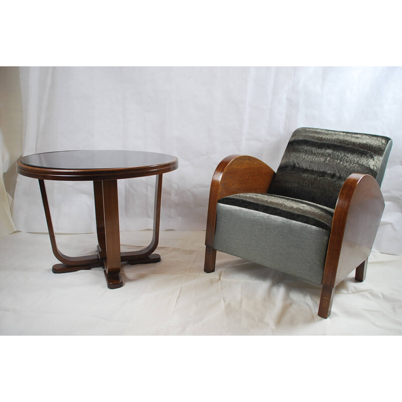 Mid century black armchair and its coffee table - 1950s