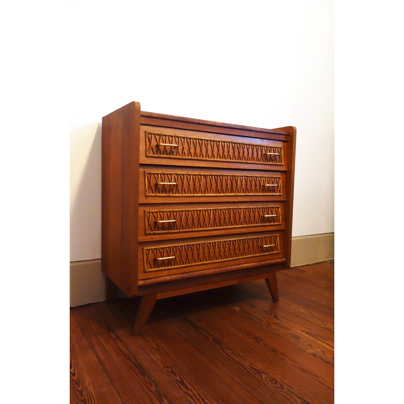 Mid-century chest of drawers in oakwood with rattan details - 1950s