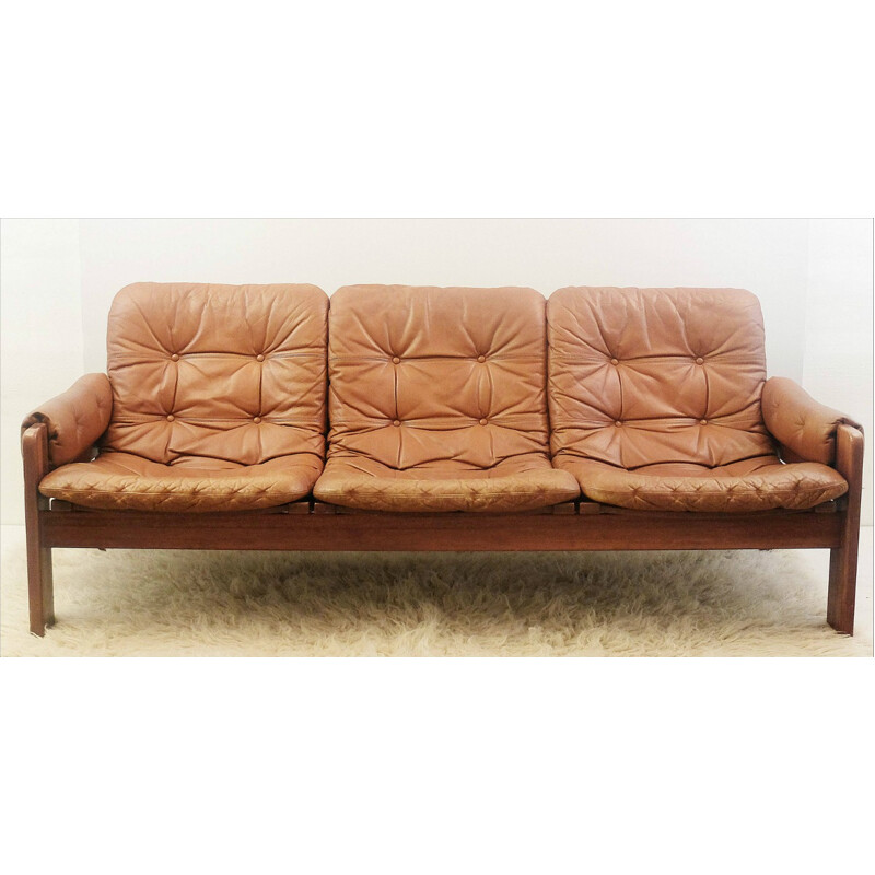 3 seaters brown leather sofa by Ekstrom - 1960s