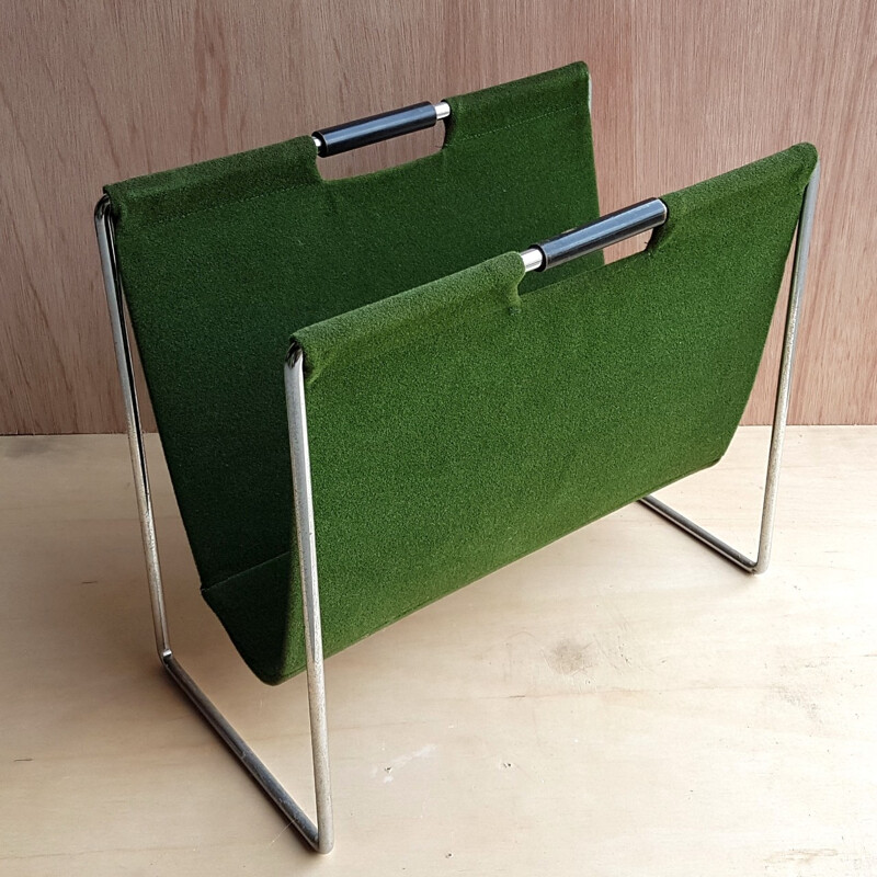 Brass and green velvet magazine rack for Brabantia -  1970