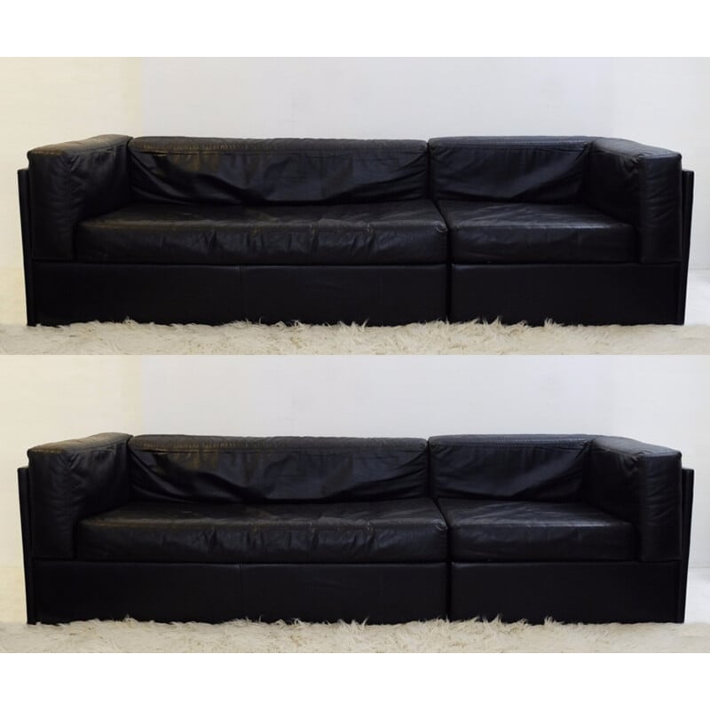 Pair of mid century black leather sofa - 1970s