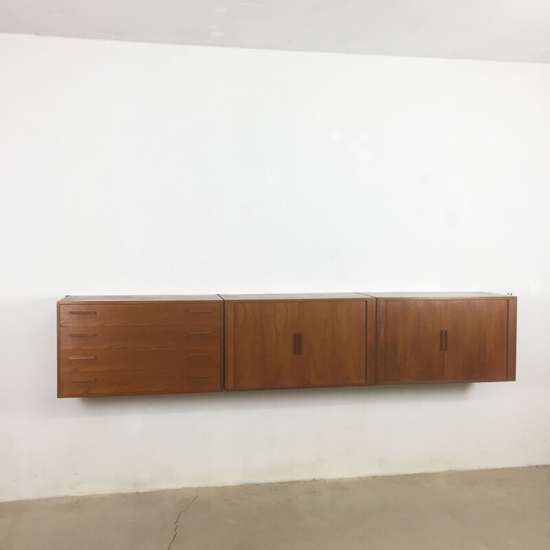 Floating teak sideboard wall unit by Kai Kristiansen for Feldballes Mobelfabrik Denmark - 1960s