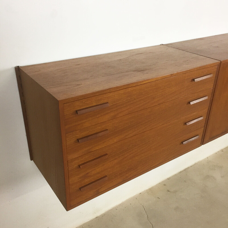 Floating teak sideboard wall unit by Kai Kristiansen for Feldballes Mobelfabrik Denmark - 1960s