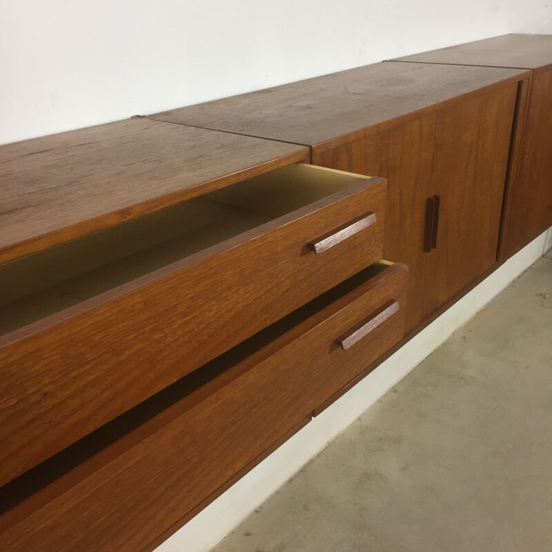 Floating teak sideboard wall unit by Kai Kristiansen for Feldballes Mobelfabrik Denmark - 1960s