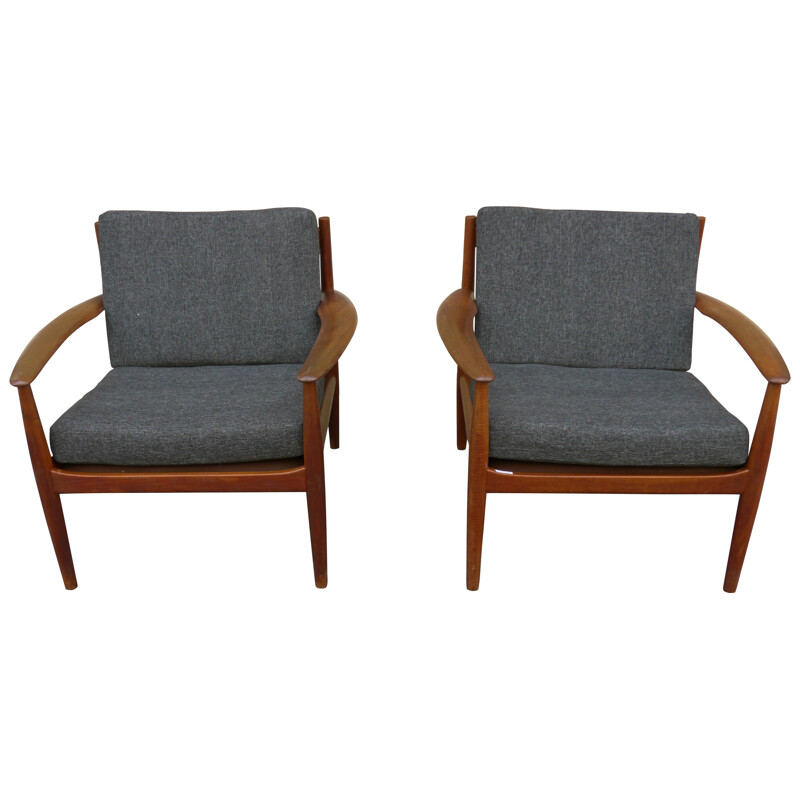 Pair of grey armchairs in teak, Grete JALK - 1960s