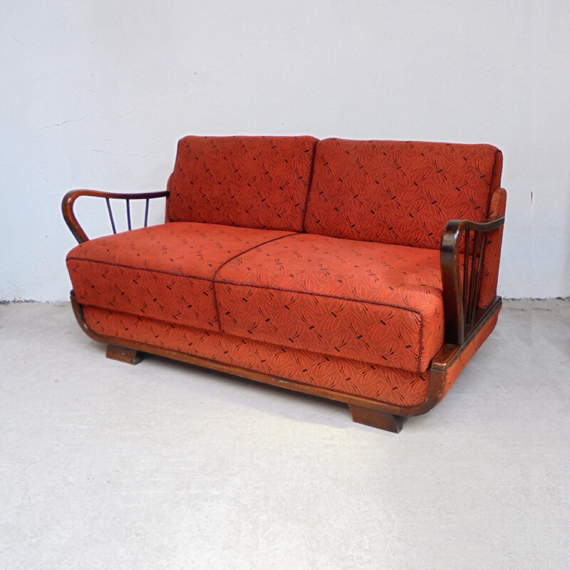 Red convertible 2 seater sofa - 1950s