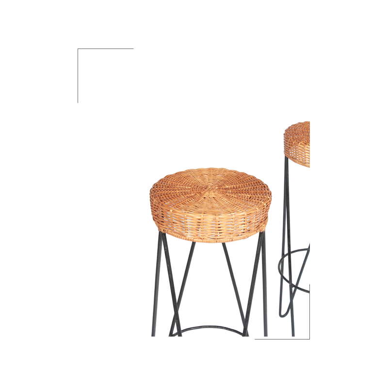 Pair of high stools in braided wicker seat and metal legs - 1960s
