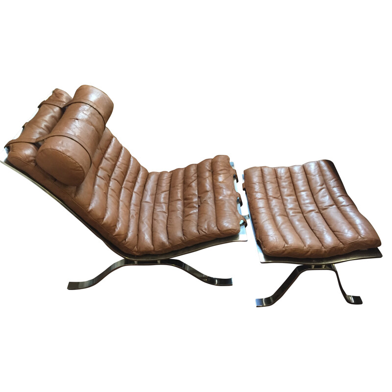 "ARI" lounge chair and ottoman in brown leather, Arne NORELL - 1970s