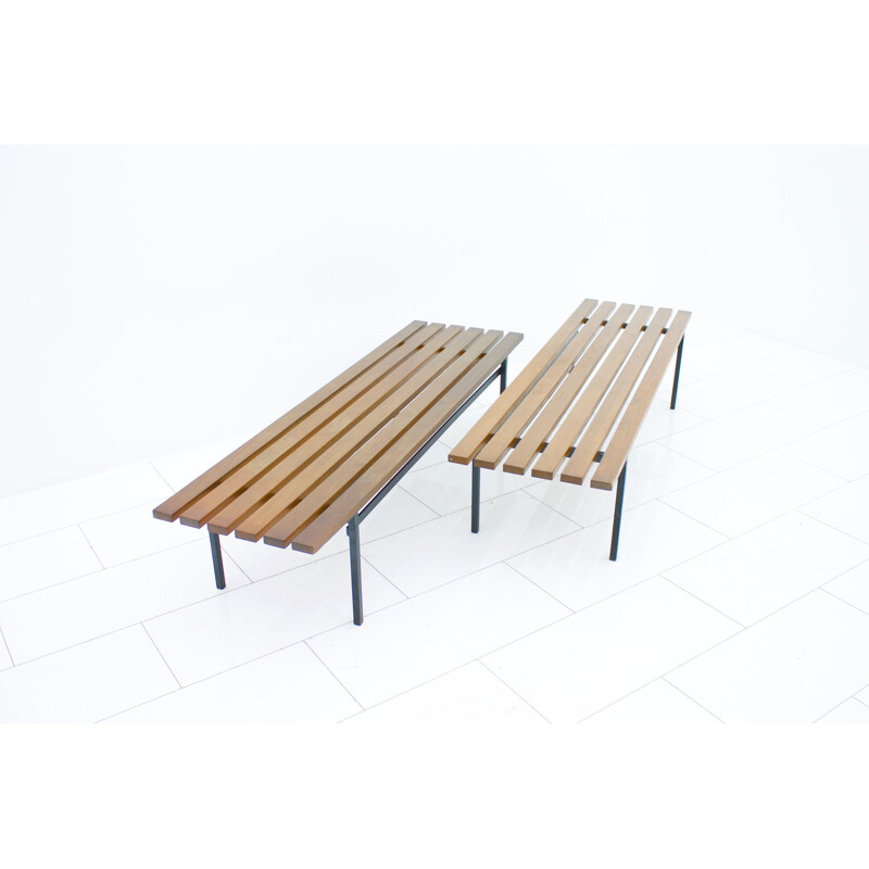 Teak and metal slat benches - 1950s