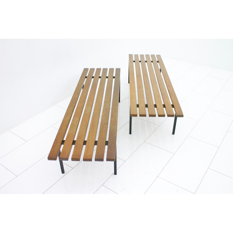 Teak and metal slat benches - 1950s