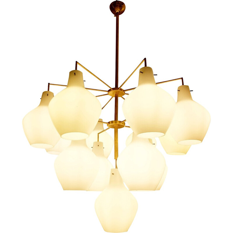 Pair of chandeliers in opaline and brass - 1960s