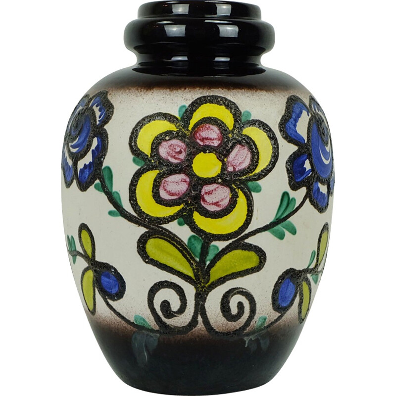 Vase en céramique avec motif fleural produite par Scheurich - 1960