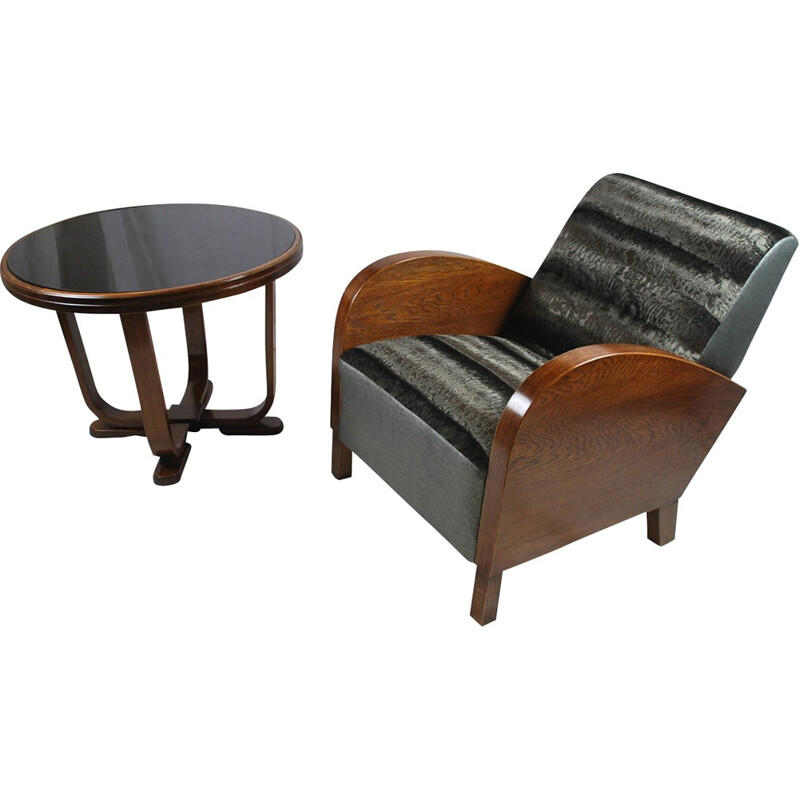 Mid century black armchair and its coffee table - 1950s