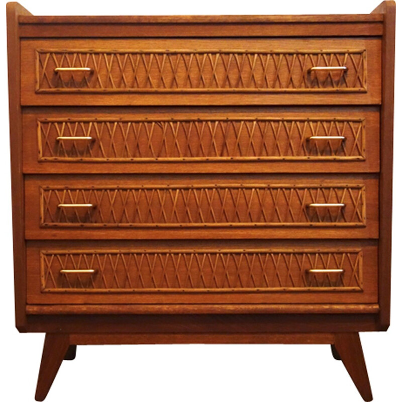 Mid-century chest of drawers in oakwood with rattan details - 1950s