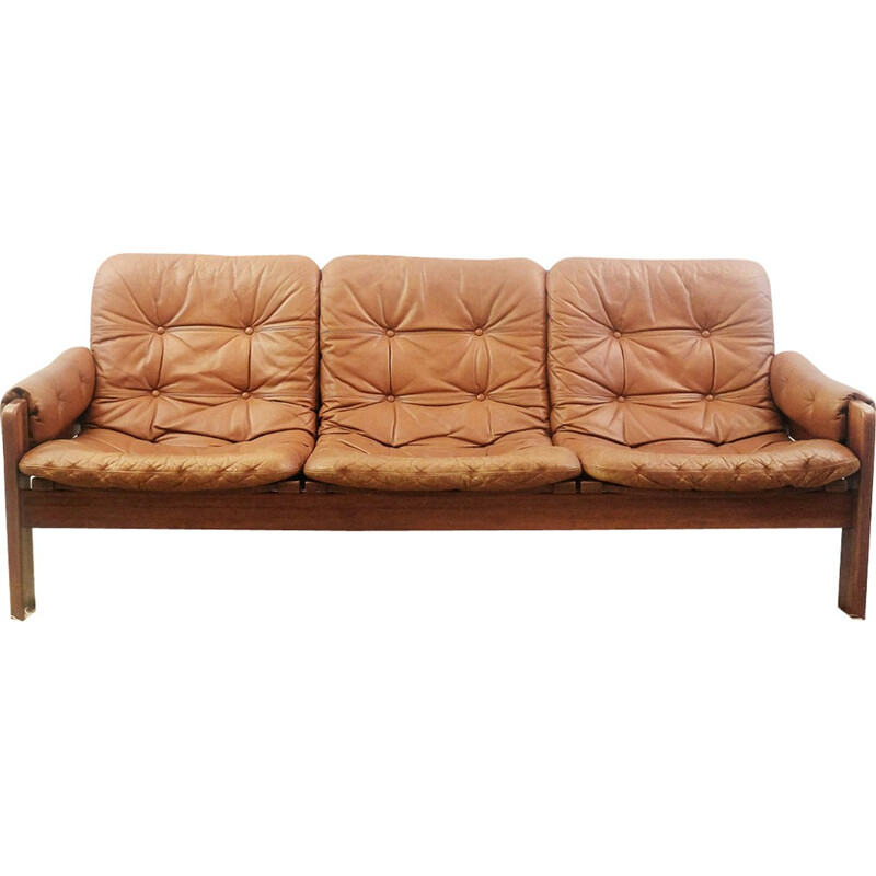 3 seaters brown leather sofa by Ekstrom - 1960s