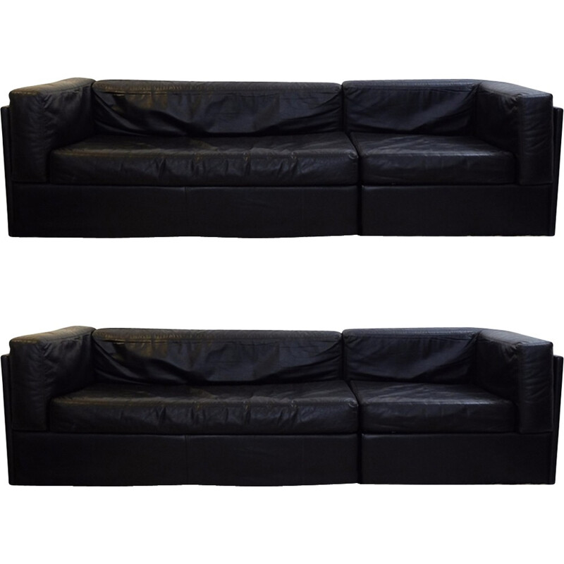 Pair of mid century black leather sofa - 1970s