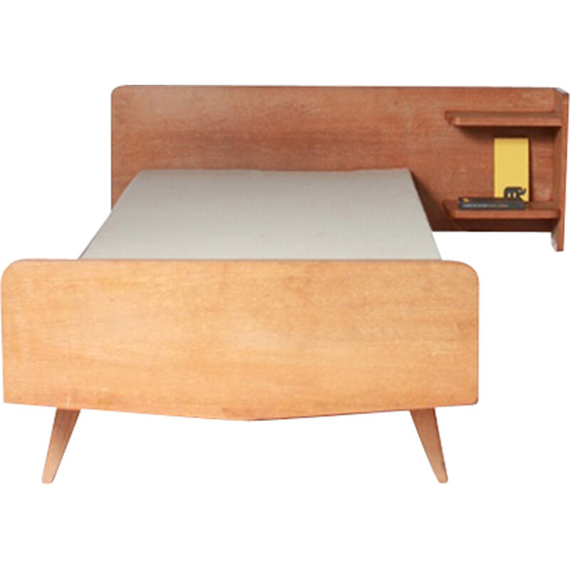 1 single bed with tapered feet and integrated side table - 1950s
