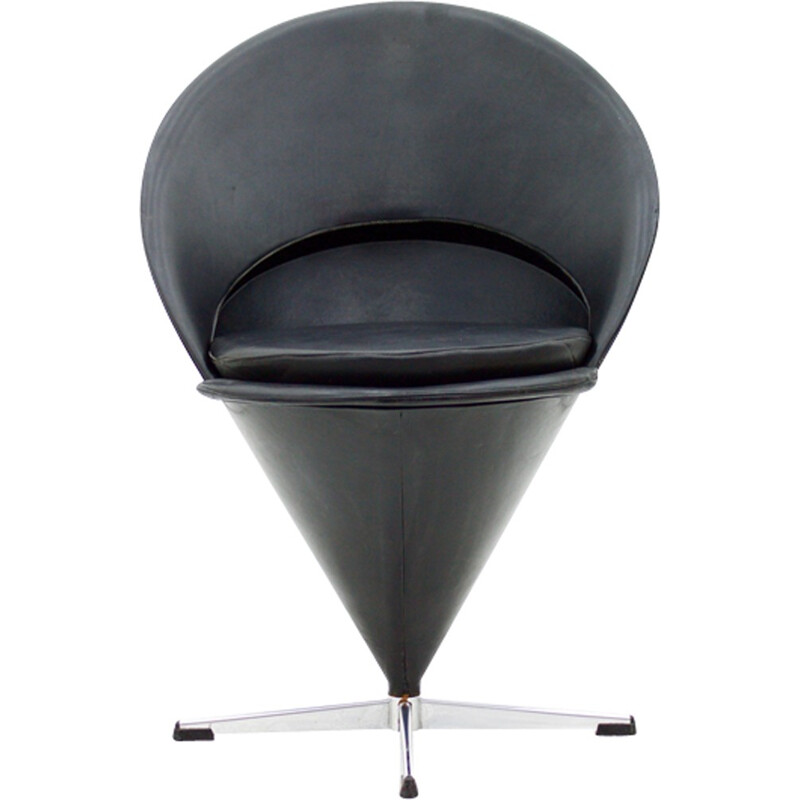 Black 'Cone' chair in leather by Verner Panton - 1950s