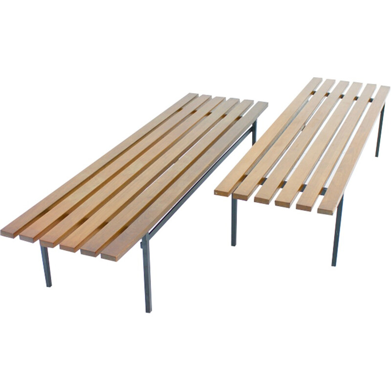 Teak and metal slat benches - 1950s