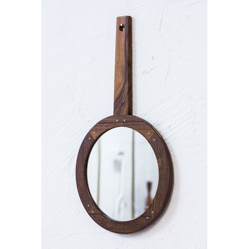 Rosewood hand mirror by Uno & Östen Kristiansson for Luxus, Sweden - 1960s