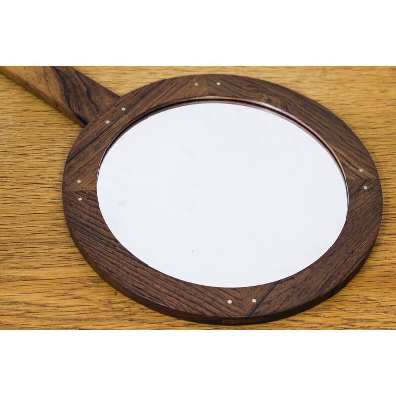 Rosewood hand mirror by Uno & Östen Kristiansson for Luxus, Sweden - 1960s