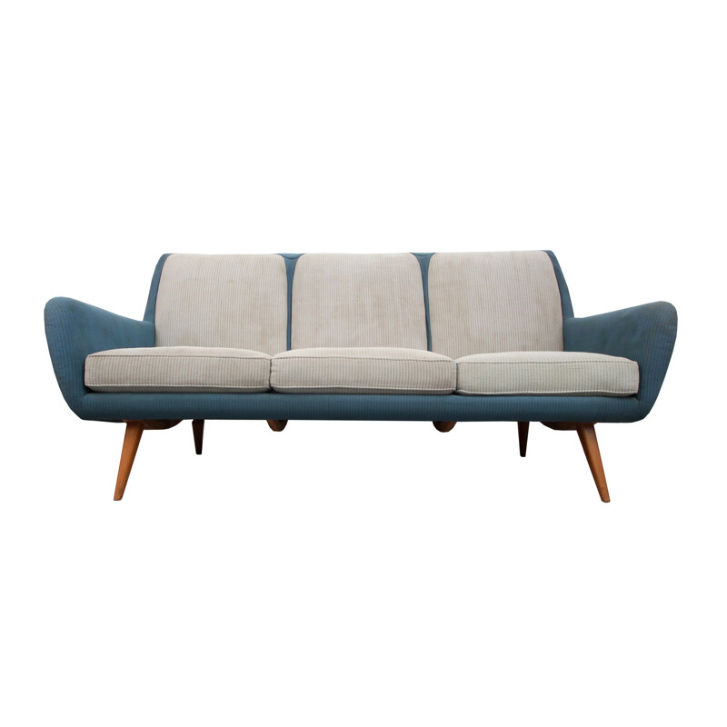 Mid-century 3-seater sofa in fabric and cherrywood - 1950s