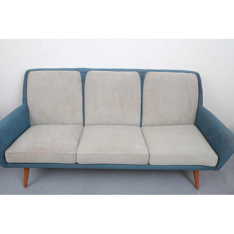 Mid-century 3-seater sofa in fabric and cherrywood - 1950s