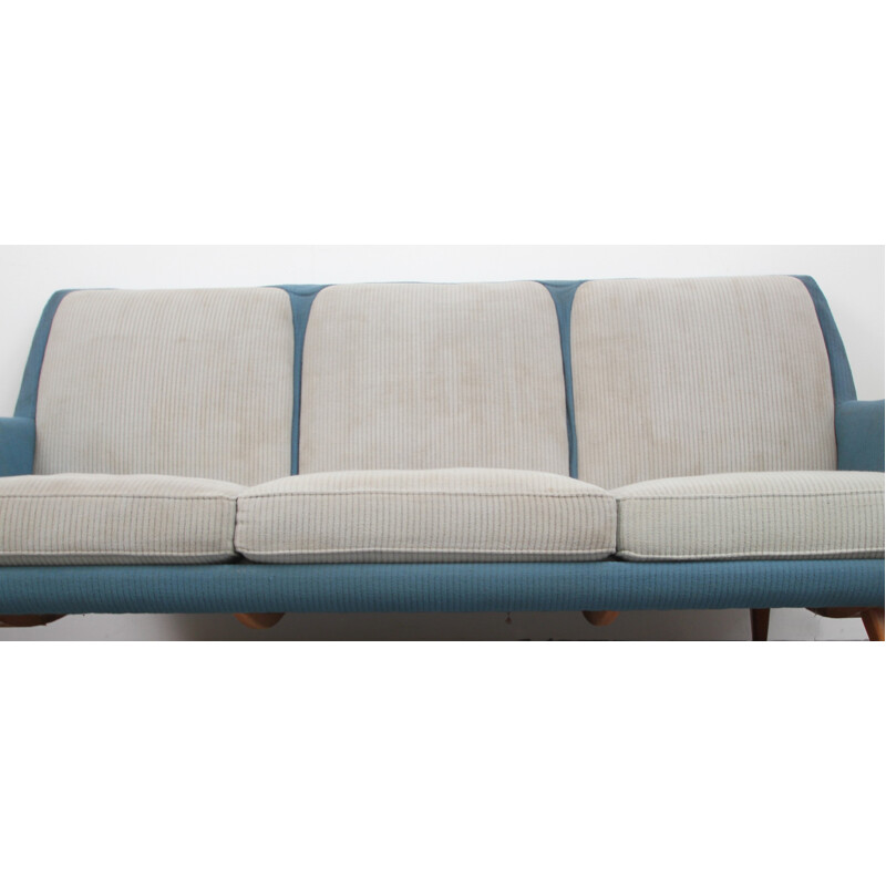 Mid-century 3-seater sofa in fabric and cherrywood - 1950s