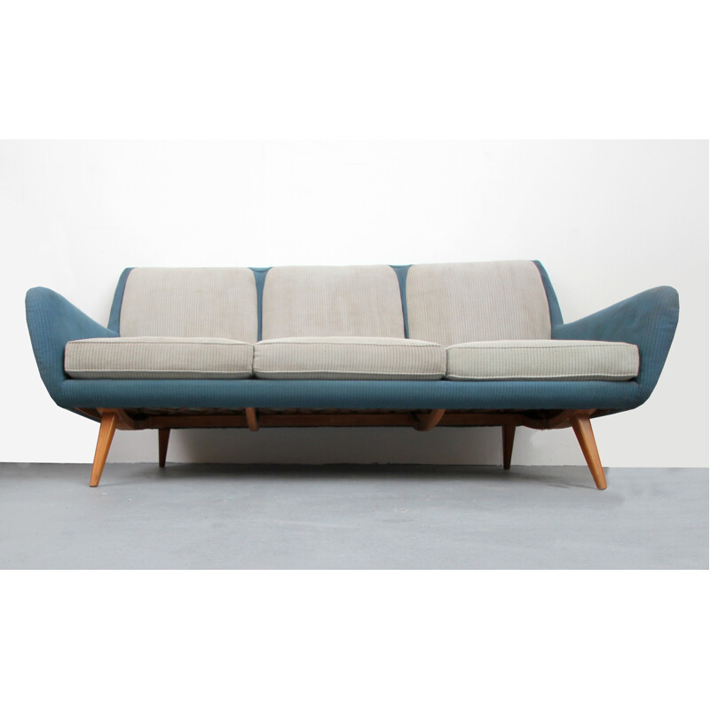 Mid-century 3-seater sofa in fabric and cherrywood - 1950s