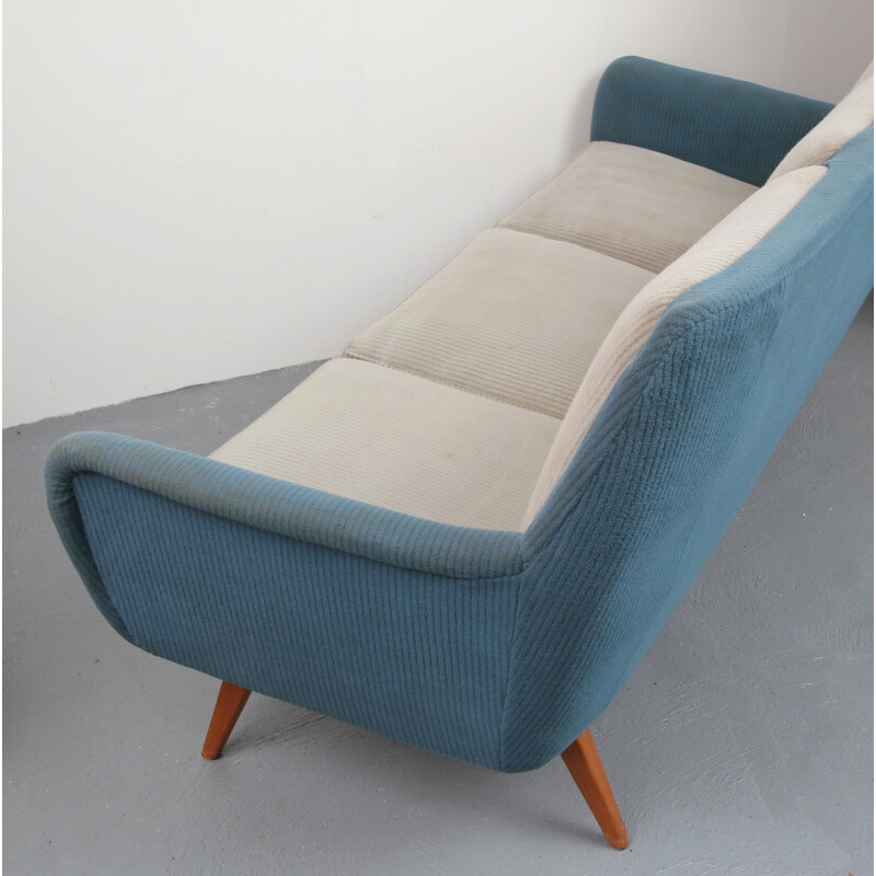 Mid-century 3-seater sofa in fabric and cherrywood - 1950s