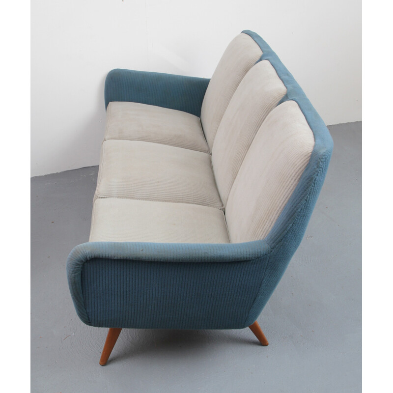 Mid-century 3-seater sofa in fabric and cherrywood - 1950s