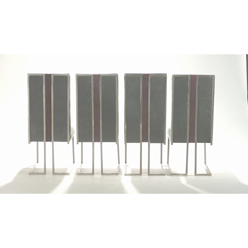 Lot de 4 chaises Jansen en métal brossé et velours, Guy LEFEVRE - 1970