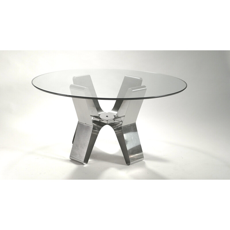 Dining room table in brushed steel, François MONNET - 1970s