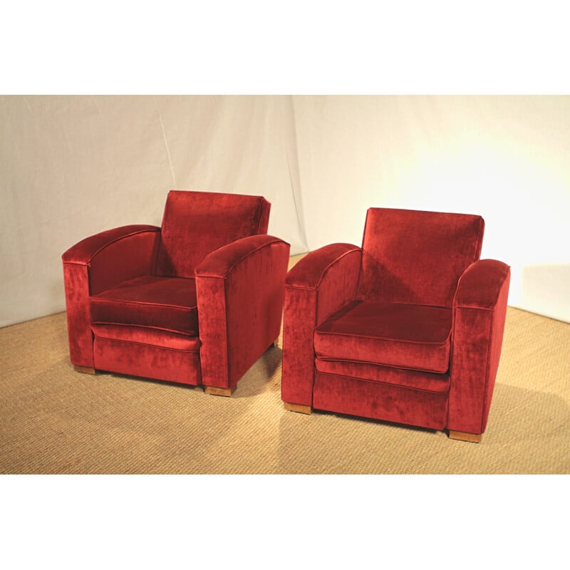 Pair of armchairs in red velvet, Jacques ADNET - 1940s