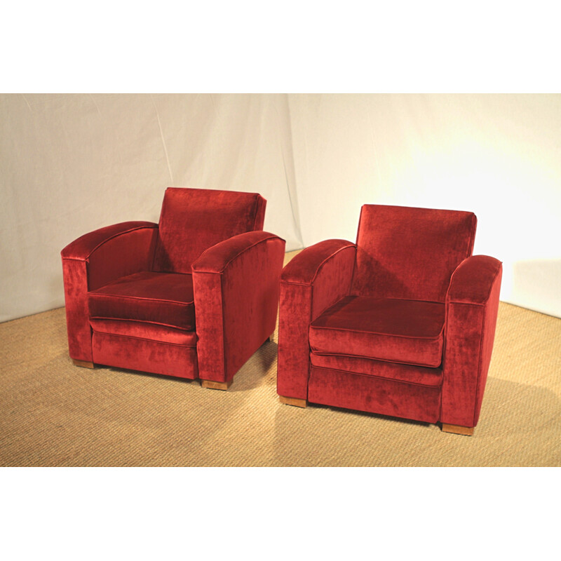Paire de fauteuils club en velours rouge, Jacques ADNET - 1940